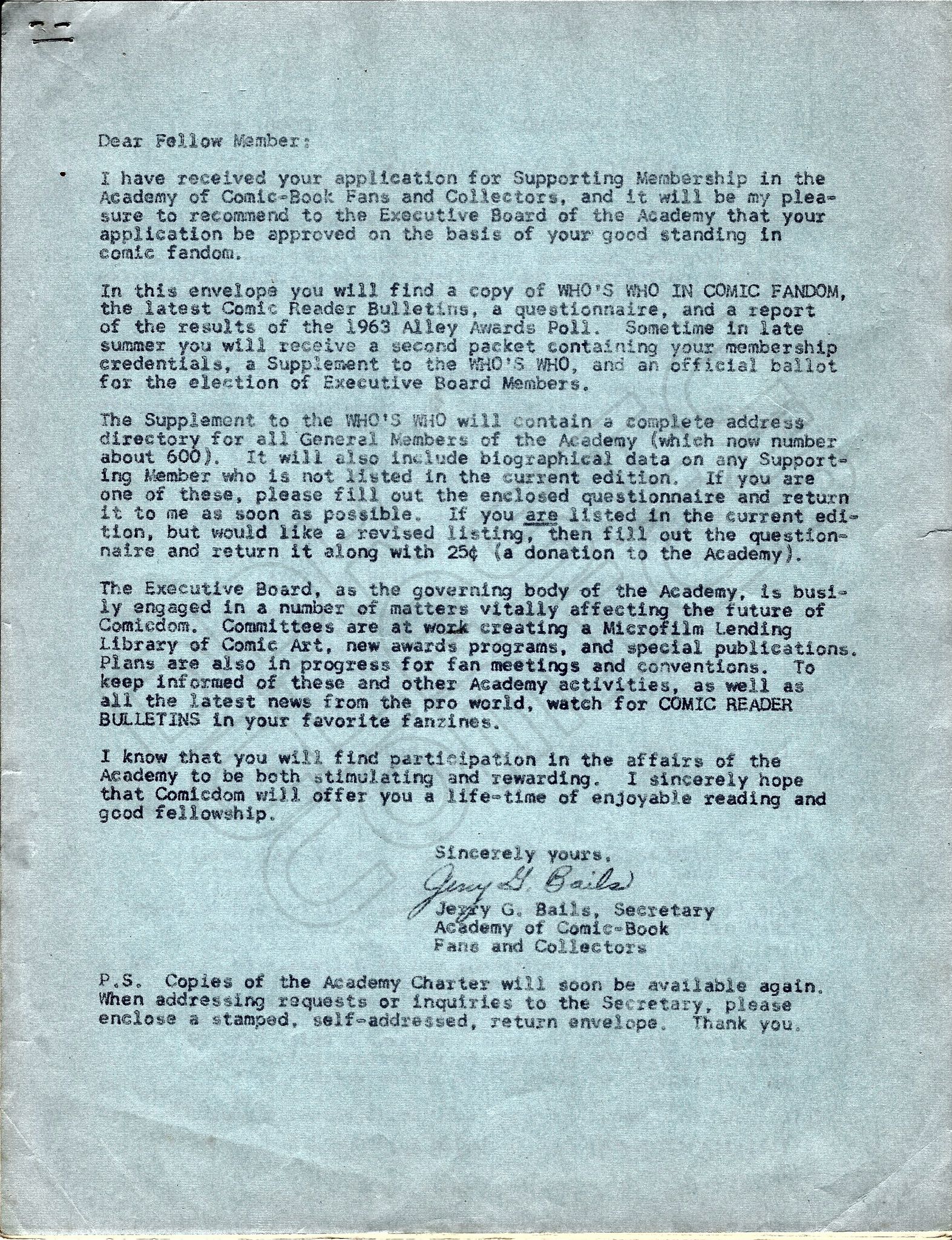 Comic Reader 1963 Bulletin Letter pg 2 of 2